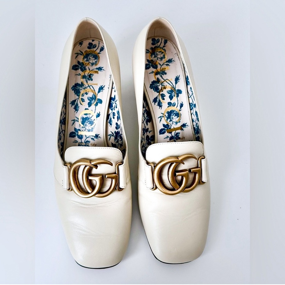Gucci Ivory Leather GG Marmont Loafers with Gold Hardware